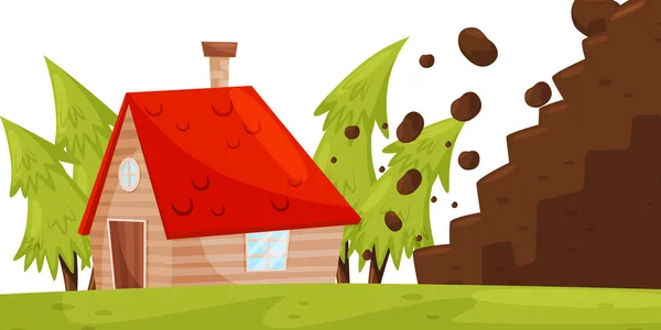 Stones from hillside falling on house. Natural disaster. Dangerous situation. Flat vector design — Stock Illustration Stones from hillside falling on house. Natural disaster. Dangerous situation. Flat vector design Stock Vector