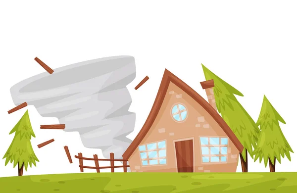 Strong tornado near residential house. Natural disaster. Destructive hurricane. Flat vector design — Stock Illustration Strong tornado near residential house. Natural disaster. Destructive hurricane. Flat vector design Royalty Free Stock Vectors