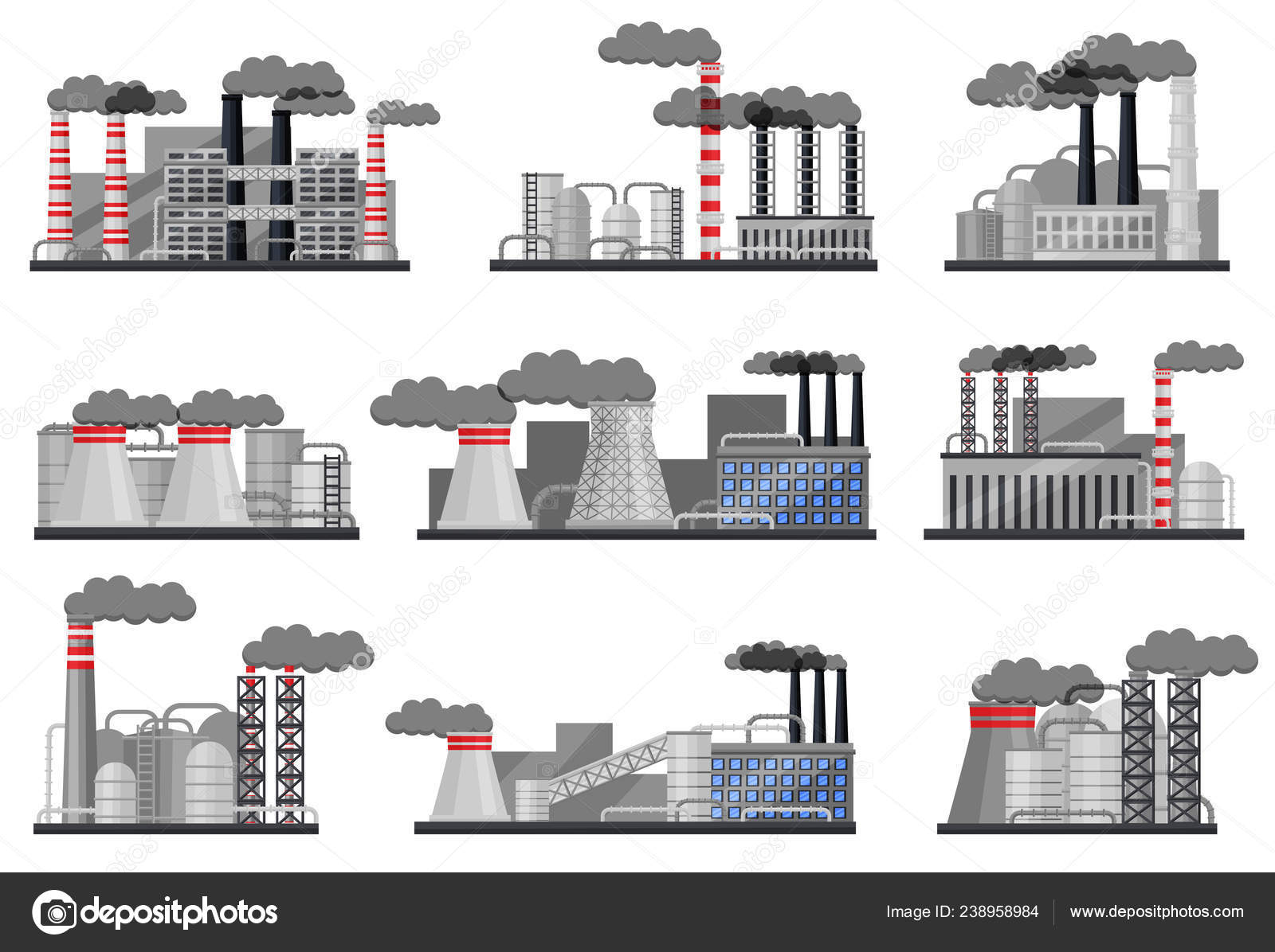 製造工場は建物 禁煙パイプ 鋼製水槽のフラットのベクトルを設定します 産業建築 ストックベクター C Happypictures