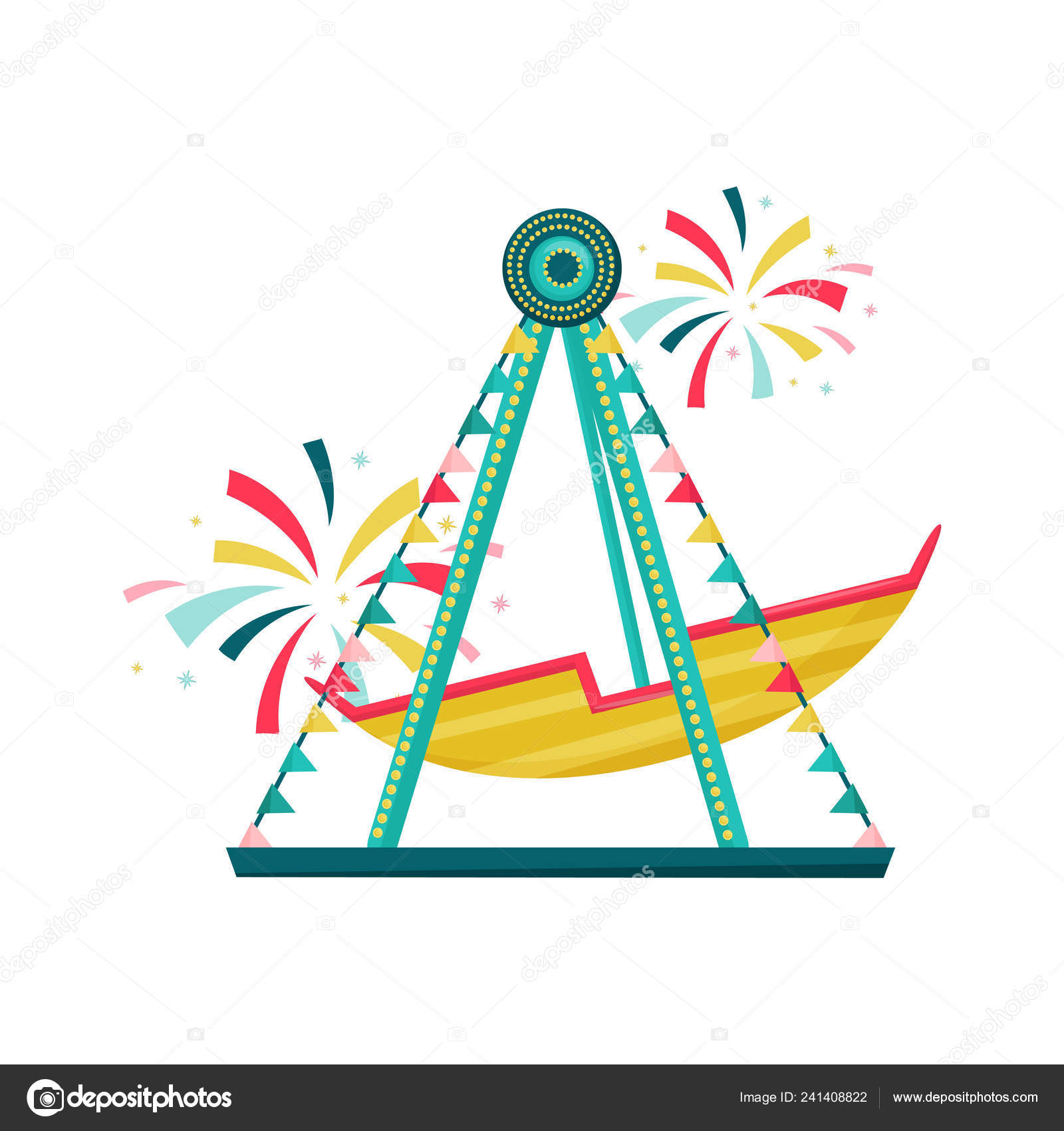 Swinging Boat Ride At Amusement Park Colorful Bunting Flags