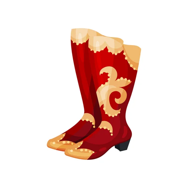 Bright red tall boots with gold inserts and high heel. Women shoes for theatrical performance. Flat vector icon — Stock Illustration Bright red tall boots with gold inserts and high heel. Women shoes for theatrical performance. Flat vector icon Stock Illustration