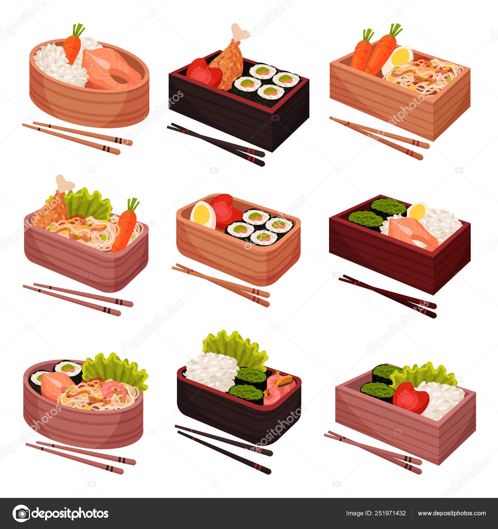Japanese Food In Lunchbox On White Background Stock Vector