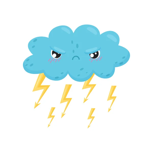 Angry thundercloud with lightning on white background.