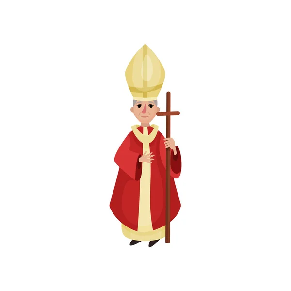 Catholic priest mascot character dressed in red and gold clothes vector cartoon illustration