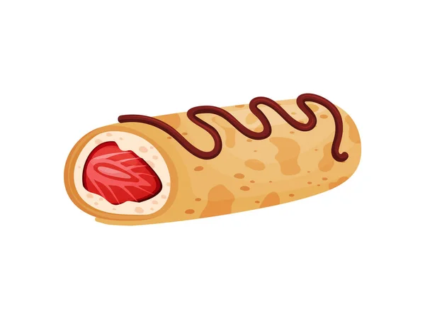Baked roll stuffed with strawberries. Vector illustration on white background. Stock Vector