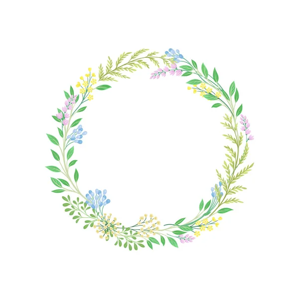 Spring wreath of thin branches, young leaves and flowers. Vector illustration on white background.