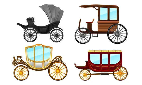 Carriage Vintage Vehicles With Old Wheels Vector Set Stock Vector
