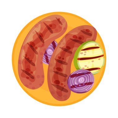 Grilled Food with Sausage or Wiener Rested on Plate with Sliced Vegetables Vector Illustration vector Grilled Food with Sausage or Wiener Rested on Plate with Sliced Vegetables Vector Illustration vector