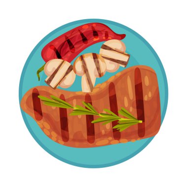 Grilled Food with Tenderloin or Fillet Rested on Plate with Mushrooms Vector Illustration vector Grilled Food with Tenderloin or Fillet Rested on Plate with Mushrooms Vector Illustration vector