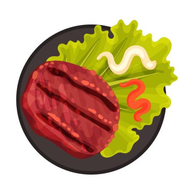 Grilled Food with Patty Meat Rested on Plate with Lettuce Vector Illustration vector Grilled Food with Patty Meat Rested on Plate with Lettuce Vector Illustration vector