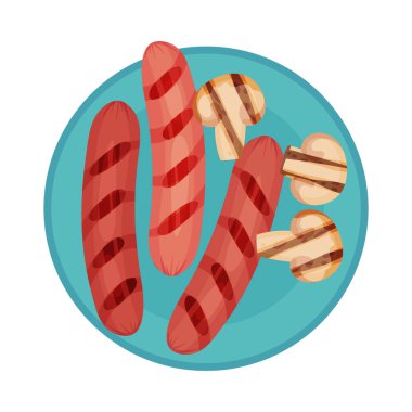 Grilled Food with Sausage or Wiener Rested on Plate with Sliced Mushrooms Vector Illustration vector Grilled Food with Sausage or Wiener Rested on Plate with Sliced Mushrooms Vector Illustration vector