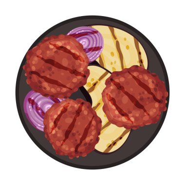 Grilled Food with Patty Meat Rested on Plate with Sliced Eggplant Vector Illustration vector Grilled Food with Patty Meat Rested on Plate with Sliced Eggplant Vector Illustration vector