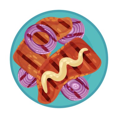 Grilled Food with Tenderloin or Fillet Rested on Plate with Sliced Onion Vector Illustration vector Grilled Food with Tenderloin or Fillet Rested on Plate with Sliced Onion Vector Illustration vector
