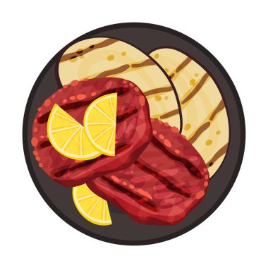 Grilled Food with Patty Meat Rested on Plate with Sliced Eggplant Vector Illustration vector Grilled Food with Patty Meat Rested on Plate with Sliced Eggplant Vector Illustration vector