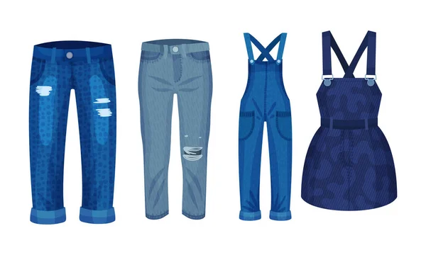Denim Blue Clothing Items as Womenswear with Denim Jumpsuit and Pair of Jeans Vector Set Vector Graphics
