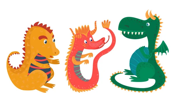 Cartoon Dragons with Wings, Pikes and Tails Vector Set — Stock Illustration Cartoon Dragons with Wings, Pikes and Tails Vector Set Stock Illustration
