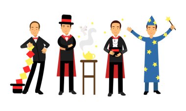 Magician or Illusionist in Top Hat Performing Tricks Vector Illustration Set vector