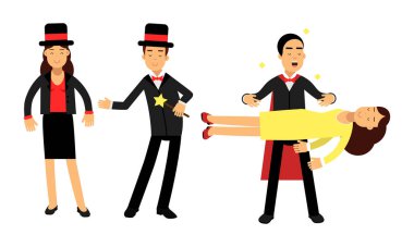 Magician or Illusionist in Top Hat Performing Tricks Vector Illustration Set vector