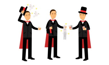 Magician or Illusionist in Top Hat Performing Tricks Vector Illustration Set vector