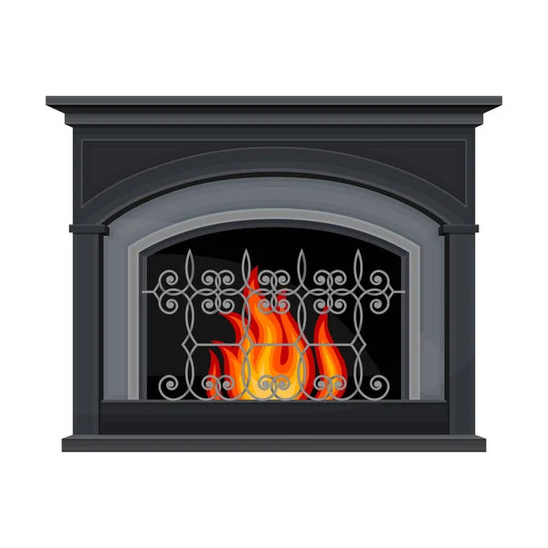 Stone Fireplace or Hearth with Mantelpiece and Burning Fire Vector Illustration