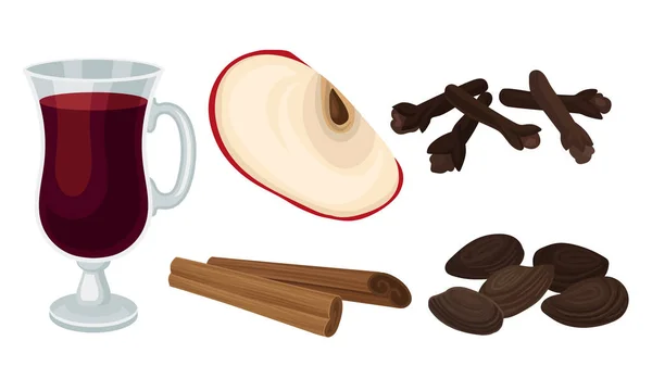 Ingredients for Mulled Wine or Spiced Wine with Cardamon and Apple Vector Set