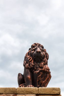 Evin bir süs ve şans, güç ve gökyüzü arka plan üzerinde güç sembolü olarak bir kalkan ile dekoratif bir aslan.