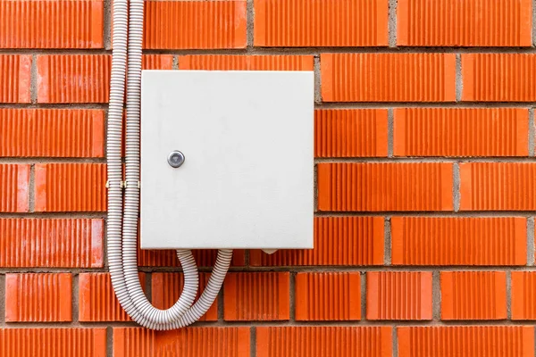 White Box Electric High Voltage Cable Red Brick Wall Copy — Stock Photo, Image