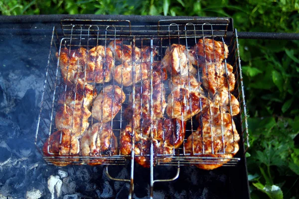 熱い炭火焼きで焼く肉のバーベキュー アウトドアピクニック — ストック写真