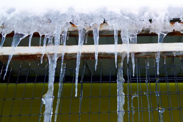 Many Large Sharp Icicles Hang Roof House Seasons — Stock Photo, Image