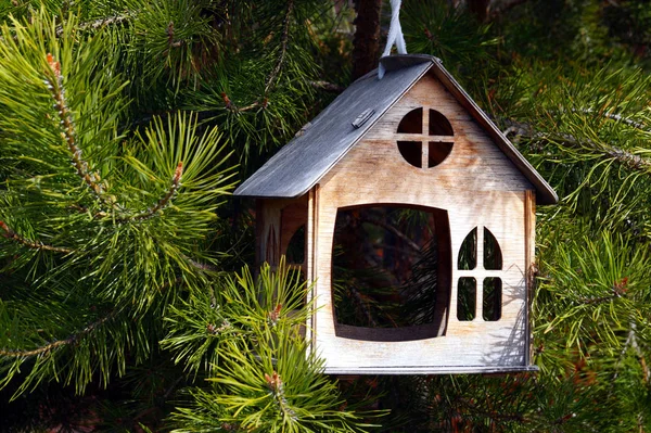 Hermoso Comedero Pájaros Madera Forma Casa Cuelga Abeto Verde Exterior — Foto de Stock