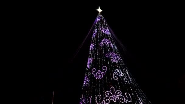 Año nuevo árbol de Navidad luces intermitentes en la noche. El concepto de las vacaciones de Navidad — Vídeos de Stock