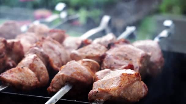 Carne grelhada nas brasas churrasqueira kebab close-up. Cozinhar carne de porco ao ar livre — Vídeo de Stock