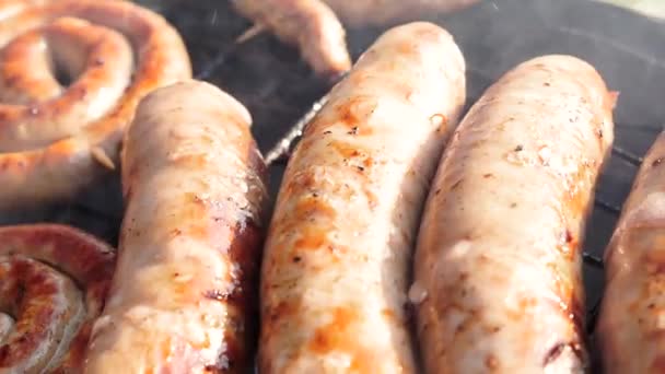 Pork sausages are grilled over the coals of the fire . the process of cooking pork sausages on fire — Stock Video