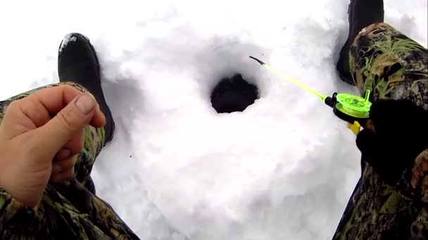 Pesca no gelo esporte de inverno. Pescador captura peixe — Vídeo de Stock