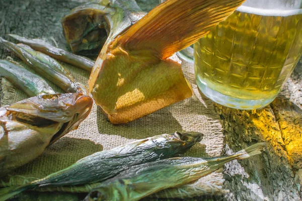 Copo de cerveja com peixe seco — Fotografia de Stock