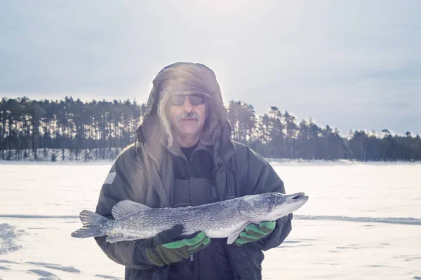 Человек держит ловить зимнюю рыбу щуку — стоковое фото