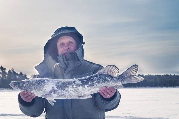 男は大きなパイク冬の氷釣りを — ストック写真