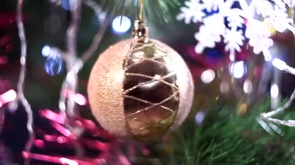 Grote transparante kerstboom bal vol gouden tinsel spins tussen groene takken dichtbij uitzicht — Stockvideo