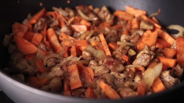 Stukjes vlees en groenten worden gebakken in een koekenpan. thuis koken — Stockvideo