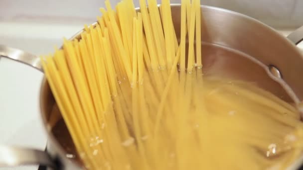 Nouilles sont cuites dans une casserole foyer sélectif, cuisson — Video