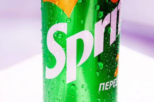 Tyumen, Russia-may 20, 2020: Close up a Sprite soda drink cans. Sprite is soft drink created by The Coca-Cola Company.