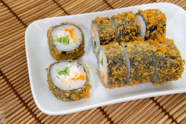 Baked Sushi Rolls Close Unagi Flying Fish Roe Futomaki Asi — Stock Photo, Image