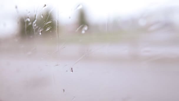 Regendruppels op het raam van een auto of bus, passerende auto 's, selectieve focus — Stockvideo