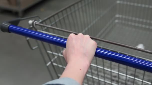 Frau Hand in Hand in einem Supermarkt geht am Warenkorb vorbei an den Schaltern. Einkaufen in einem Verbrauchermarkt — Stockvideo