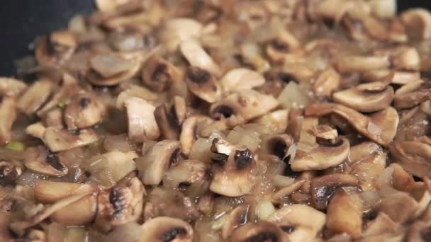 Gombát sütök egy serpenyőben. Szeletelt Champignons főzés — Stock videók