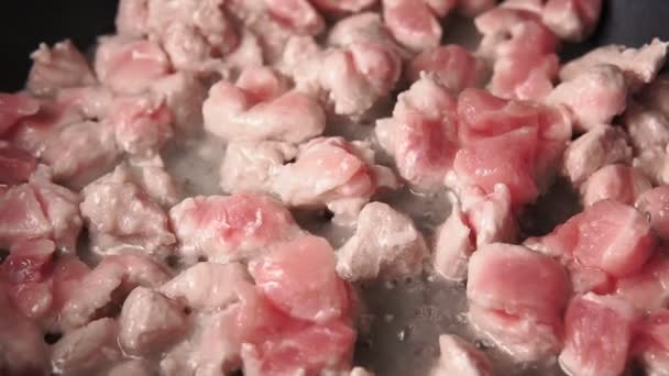 Смажені шматочки свинячого м'яса на сковороді — стокове відео