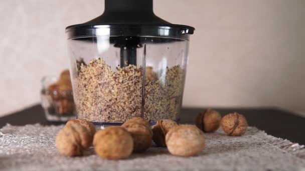 Licuadora y nueces. Haciendo vegano saludable. Cocción de mantequilla de nuez casera o preparación de ingredientes para panadería — Vídeo de stock