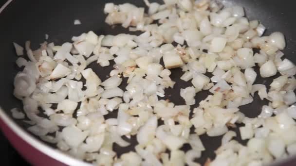 Cozinhar cebolas fritas em uma panela de ato de fritar — Vídeo de Stock