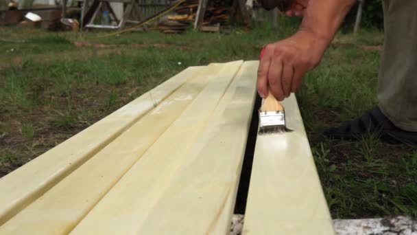 Pintura de madeira lá fora. mão segurando uma escova aplicando tinta de verniz em uma superfície de madeira . — Vídeo de Stock