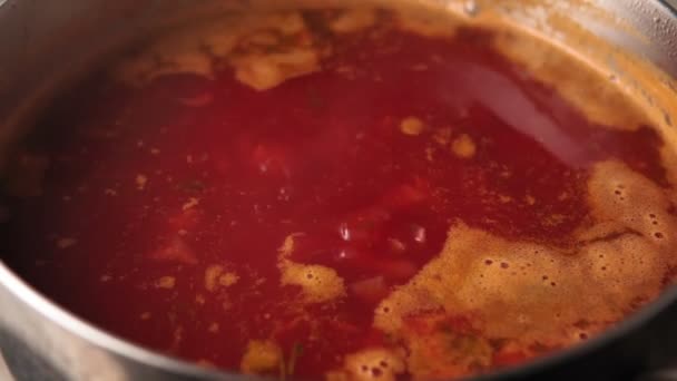 Zuppa rossa borsch cottura in pentola. Cucinare cibo fatto in casa. Piatto tradizionale ucraino russo — Video Stock